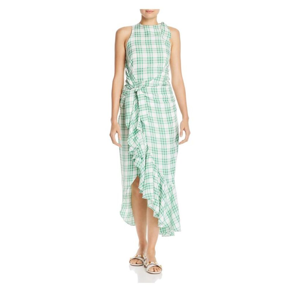 PAPER LONDON Womens Green Ruffled Plaid Jewel Neck Hi-Lo Dress Size: 0